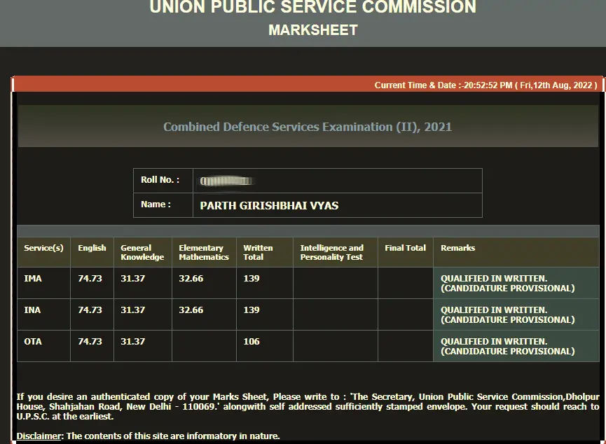 UPSC CDSE 2 2021 Marksheet